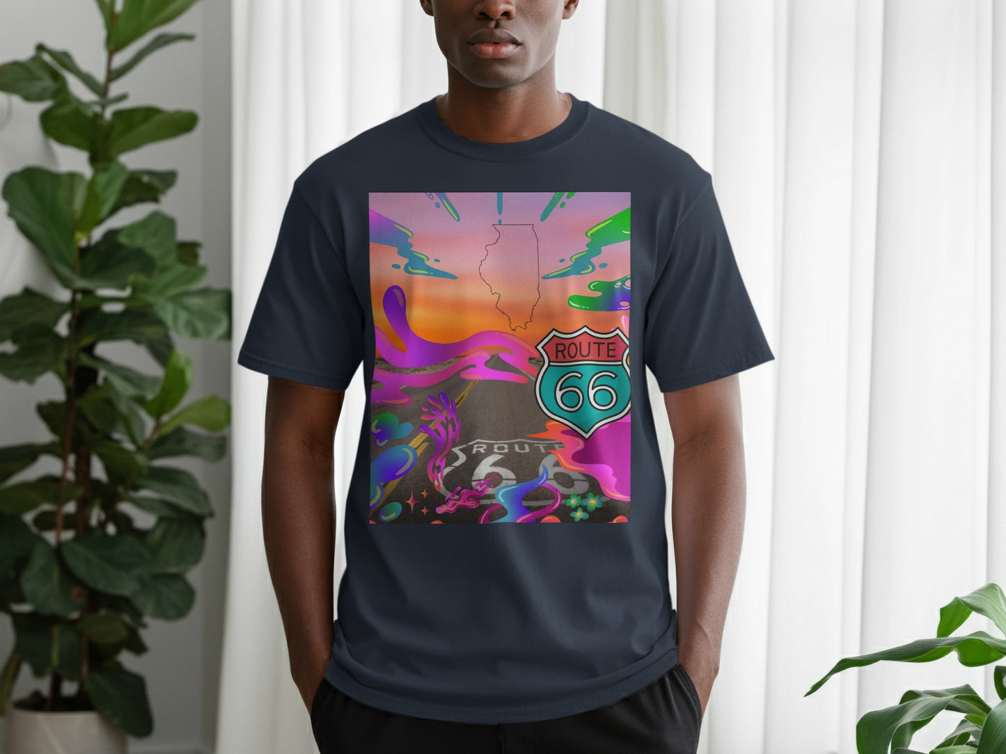 Navy t-shirt with Route 66 graphic featuring abstract colorful landscape.