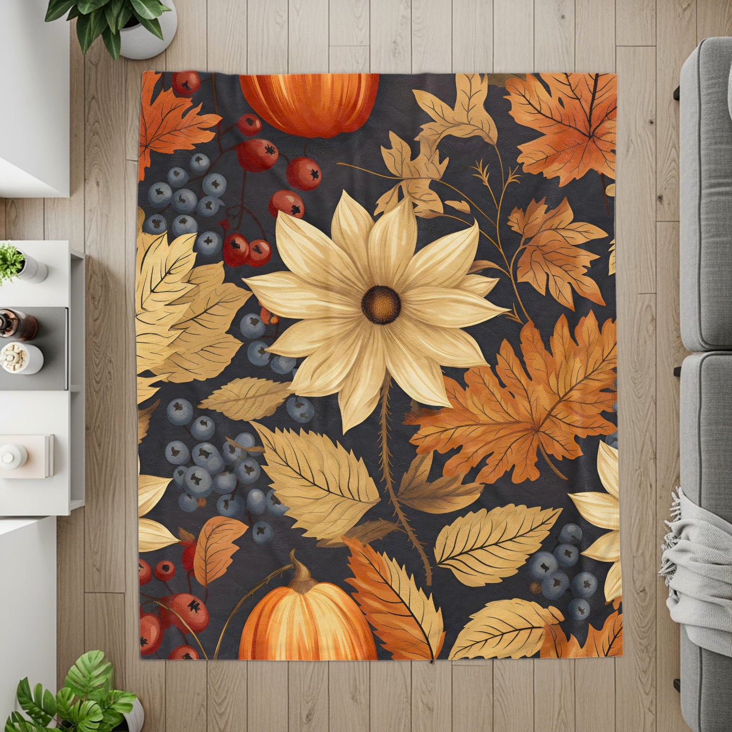 Autumn Harvest Floral and Pumpkin Decorative Rug