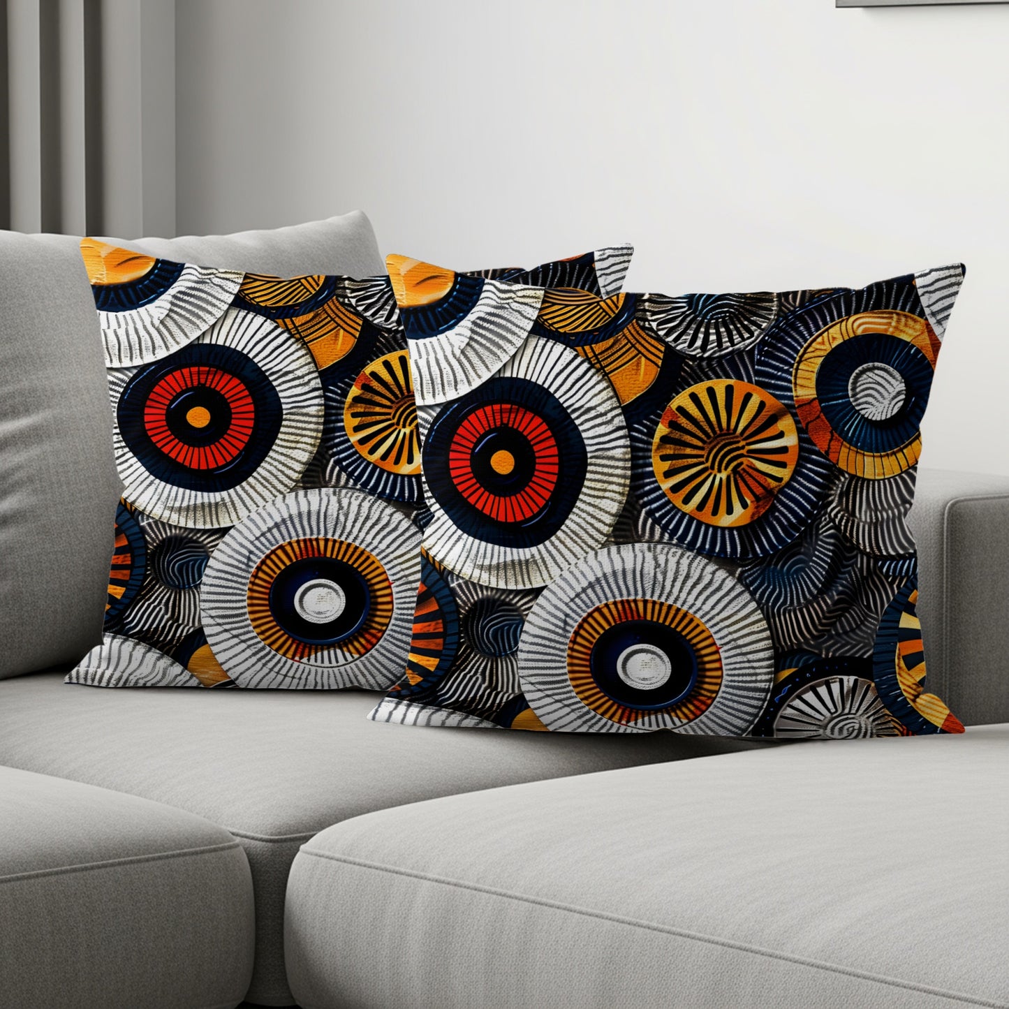 Two throw pillows with a colorful abstract circular pattern on a gray couch.