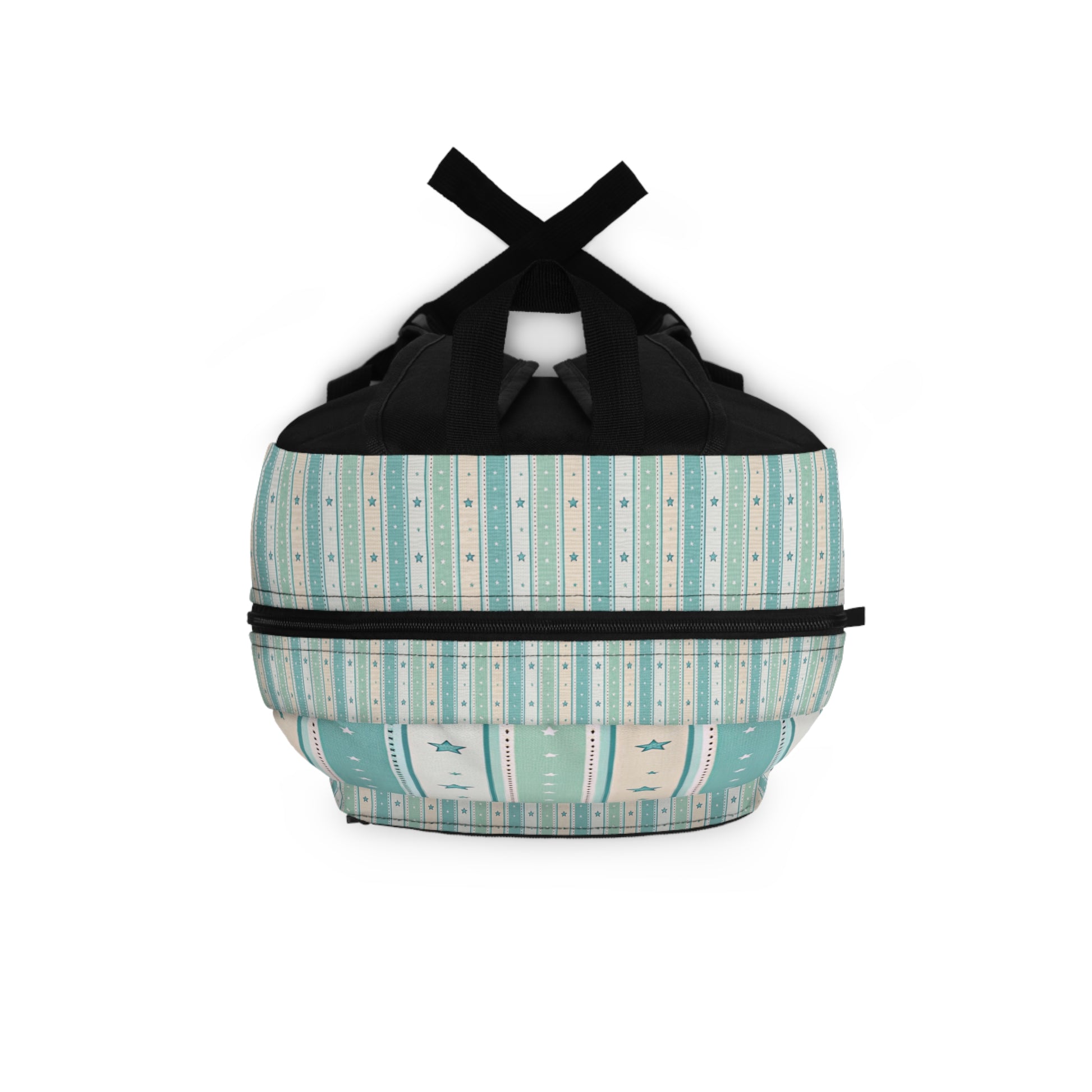Backpack with blue and cream stripes and scattered stars pattern.