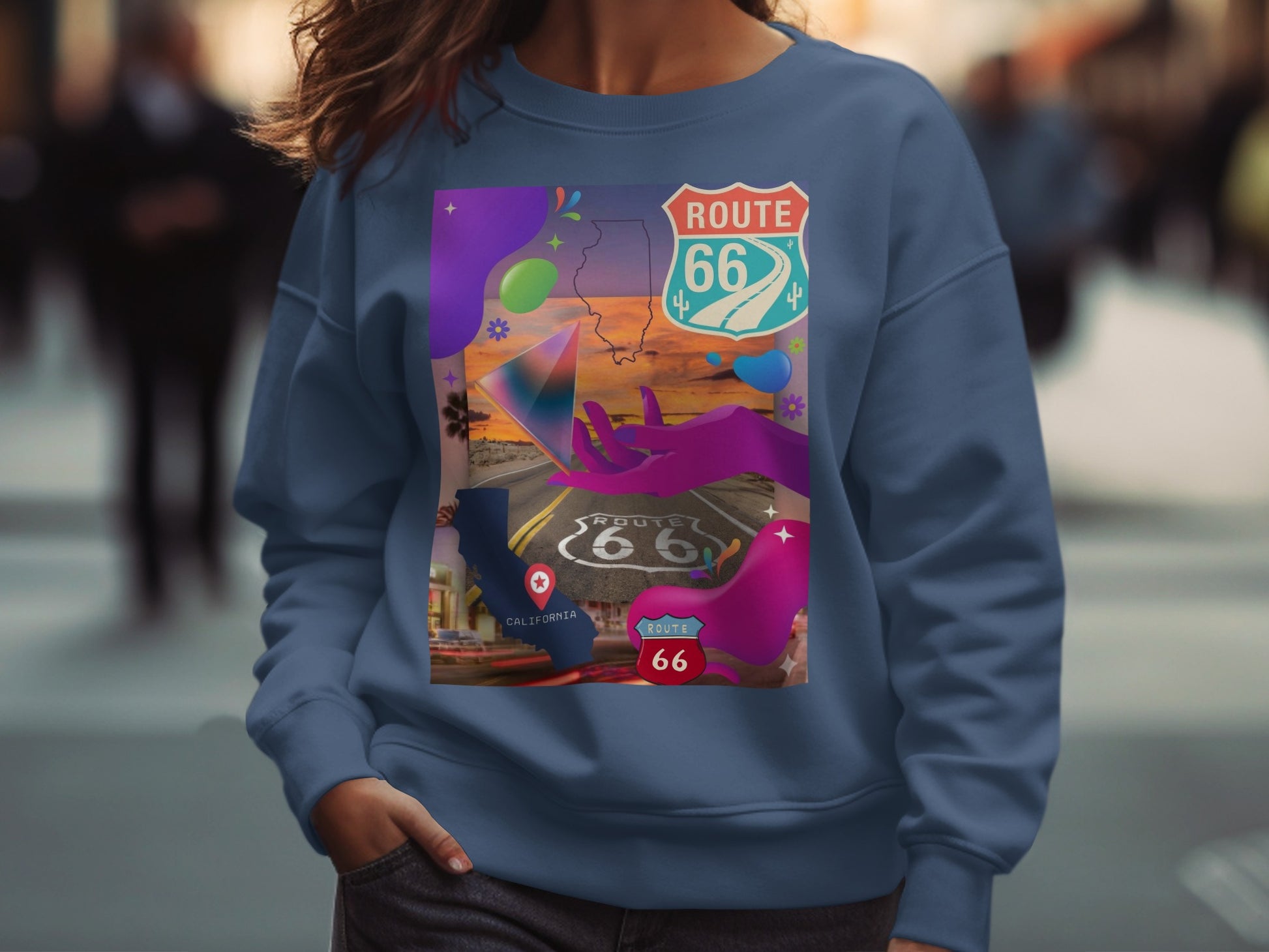 Dark blue sweatshirt with Route 66 graphic featuring road, desert, and abstract shapes.