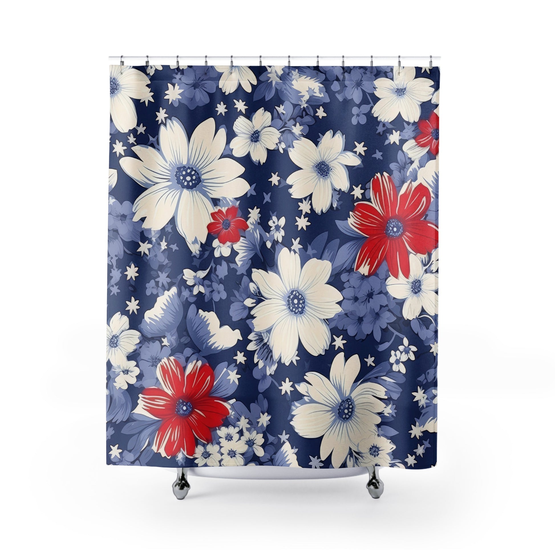 Vibrant Floral Design Navy Red White Shower Curtain