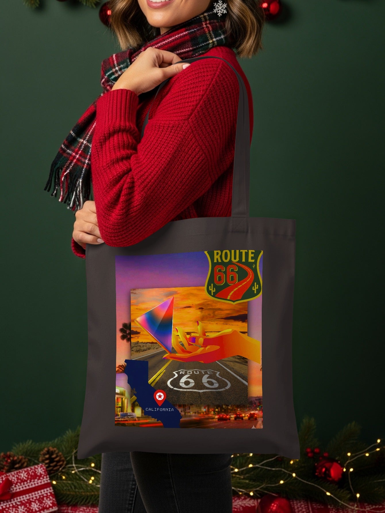 Woman holds tote bag with Route 66 California graphic and sunset scene.