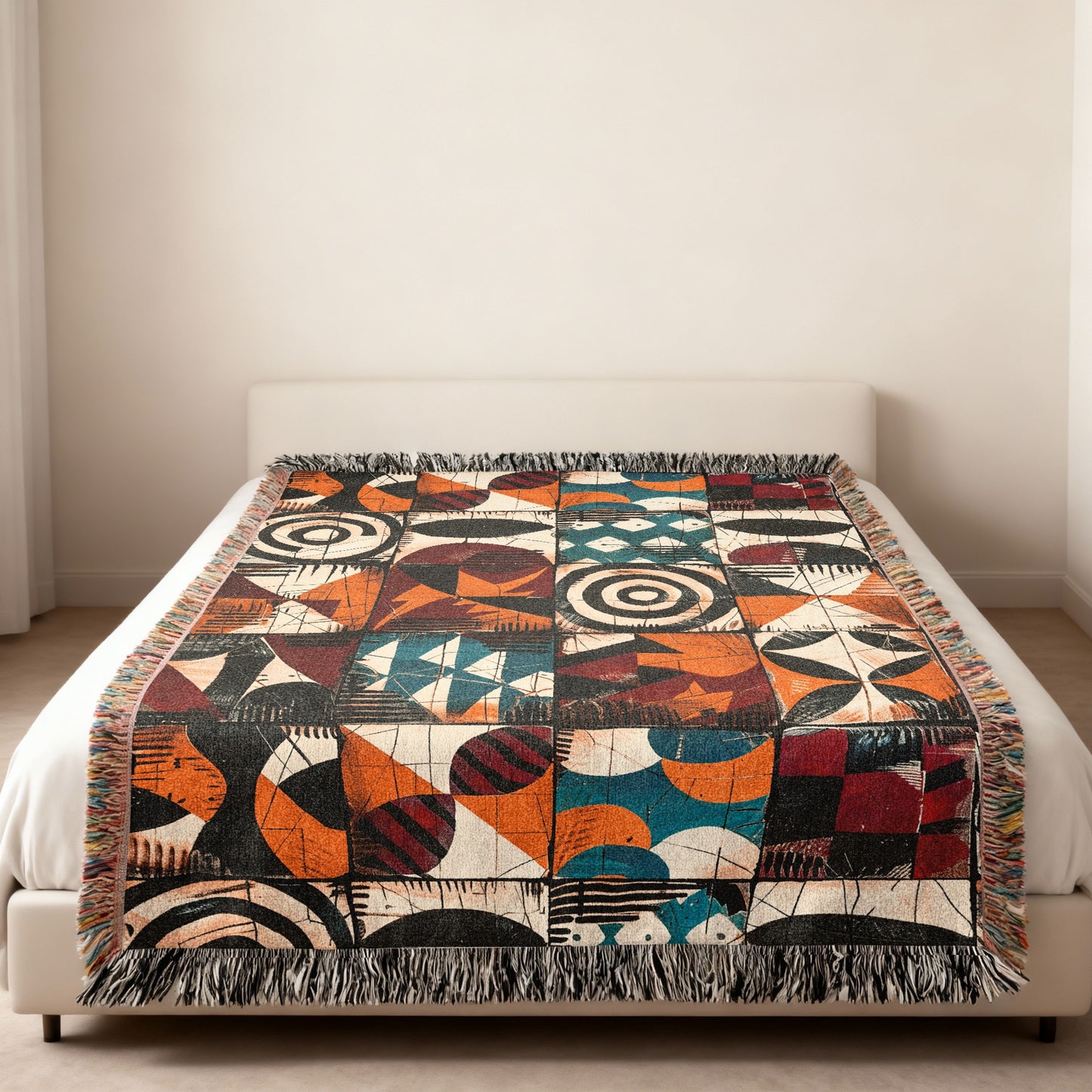 Woven blanket with abstract geometric pattern in orange, blue, and dark red on a bed.