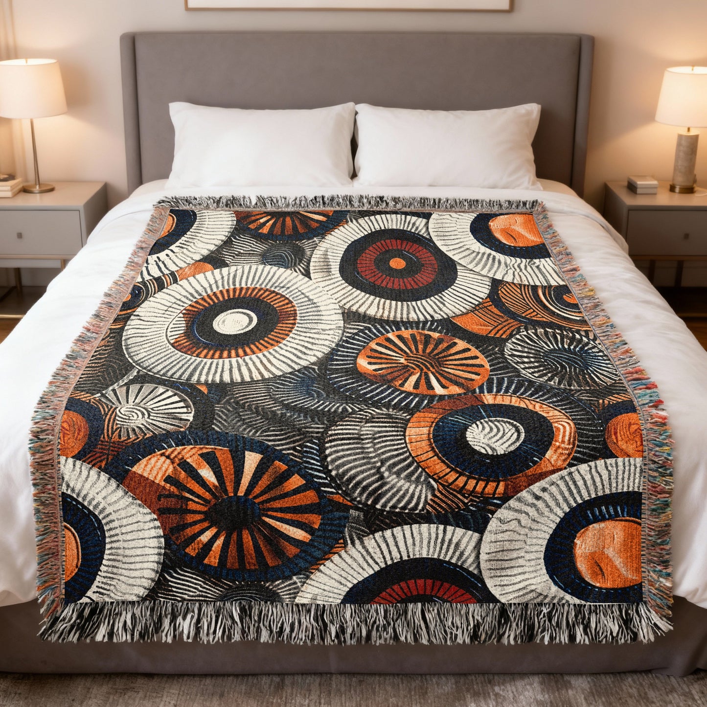 Woven throw blanket with a circular abstract pattern in orange, blue, and white.