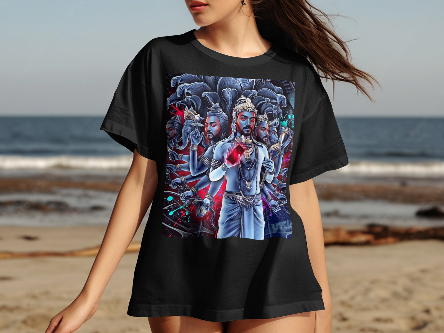 T-shirt featuring a multi-armed deity with blue skin, standing before a chaotic background.