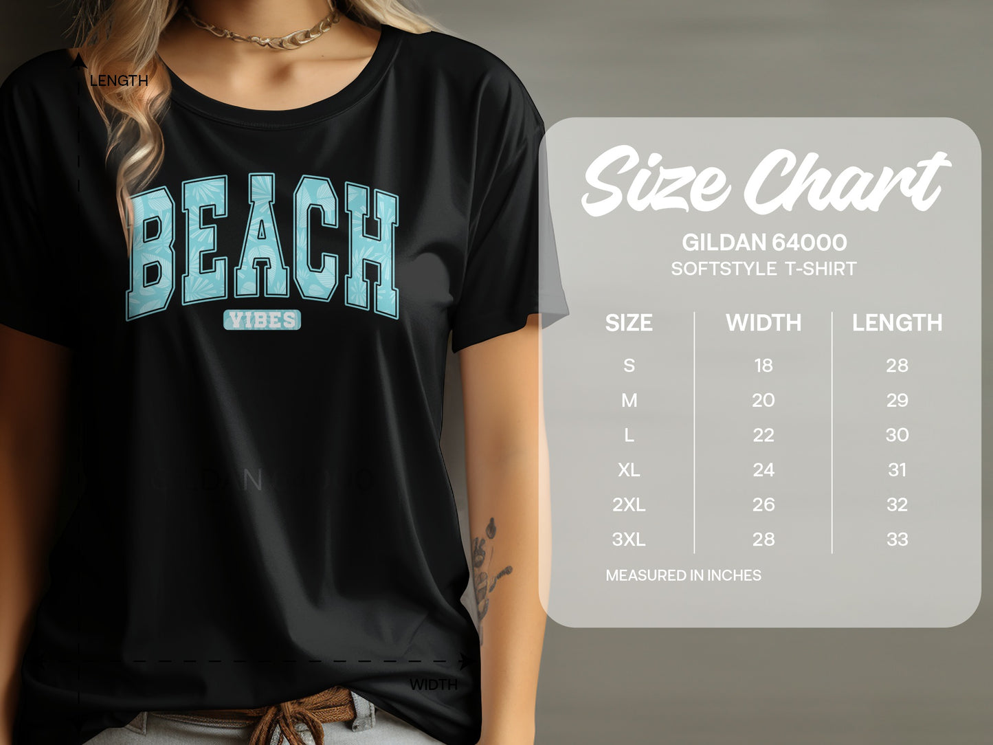 Black t-shirt with "BEACH VIBES" text, next to a size chart.