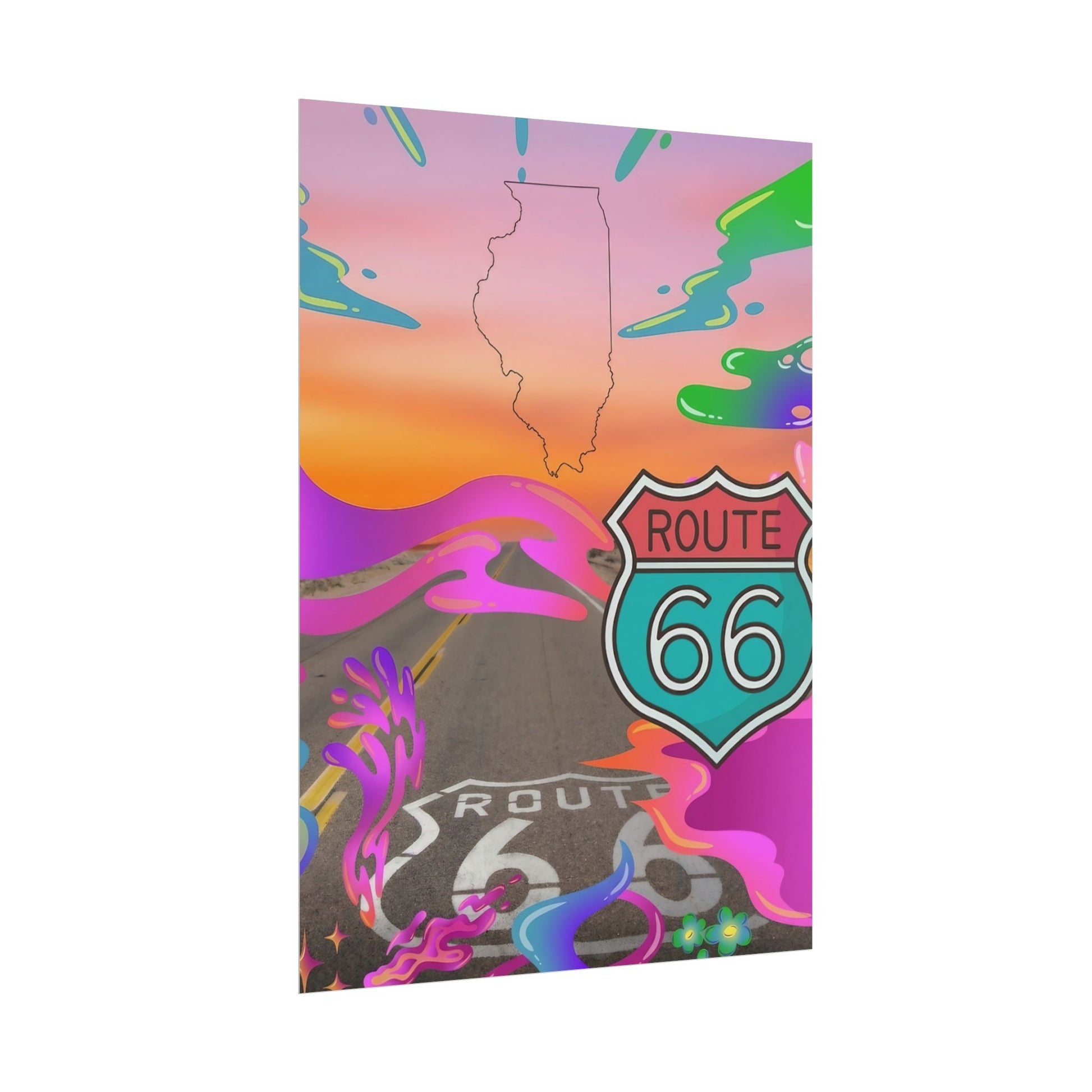 Route 66 sign in Illinois outline with colorful abstract sky and road.