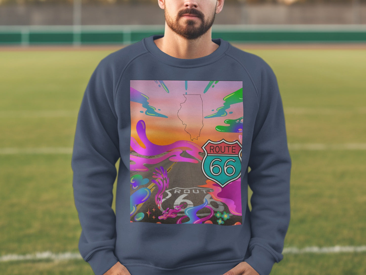 Navy sweatshirt featuring Route 66 logo and Illinois outline on colorful abstract background.
