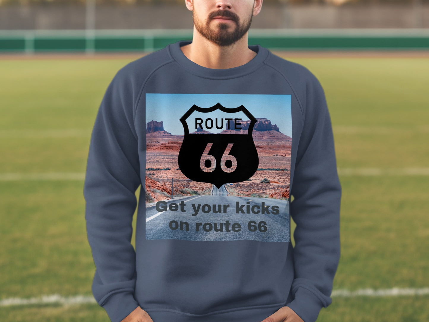 Navy sweatshirt with Route 66 graphic and slogan.