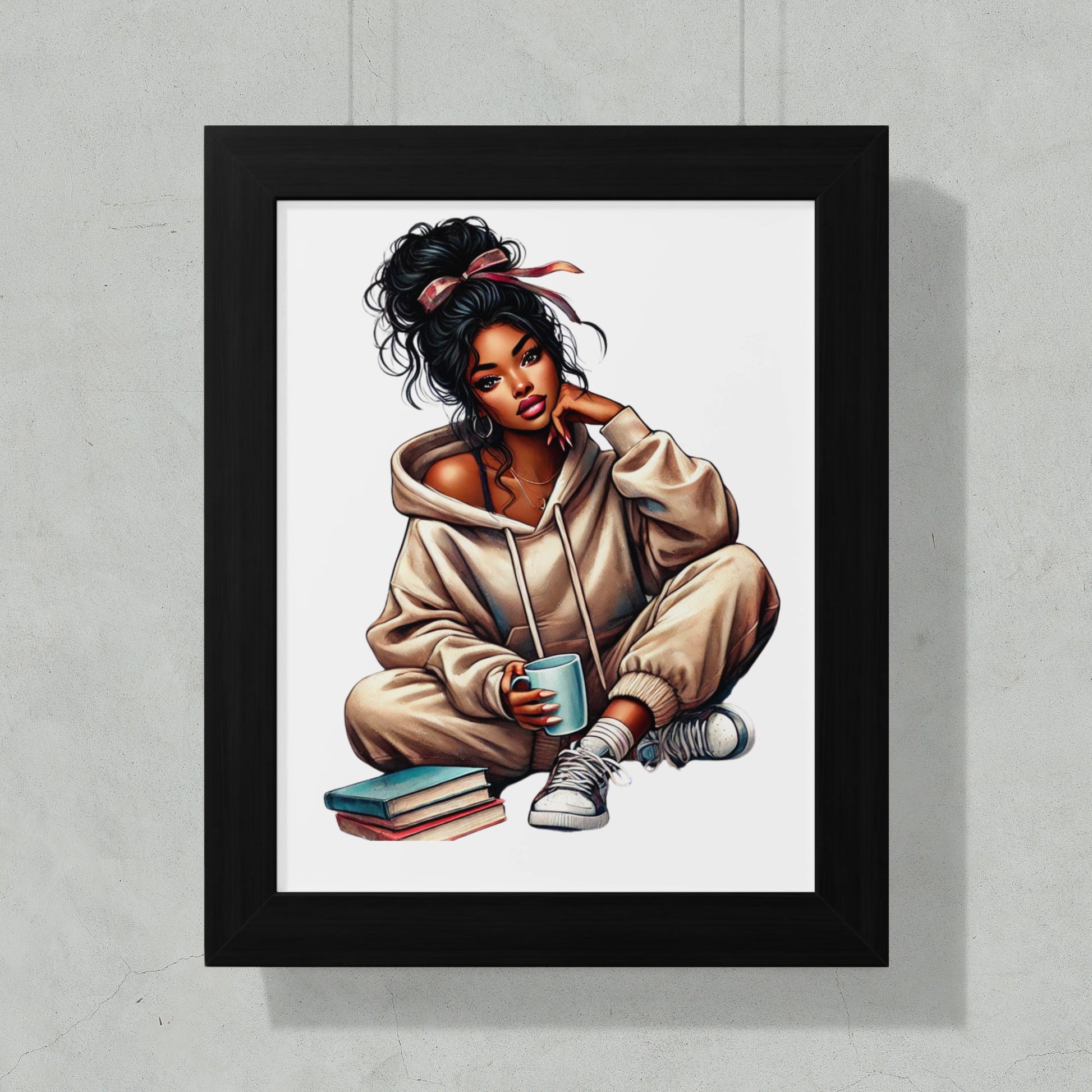 Woman in Hoodie with Books and Coffee Art product