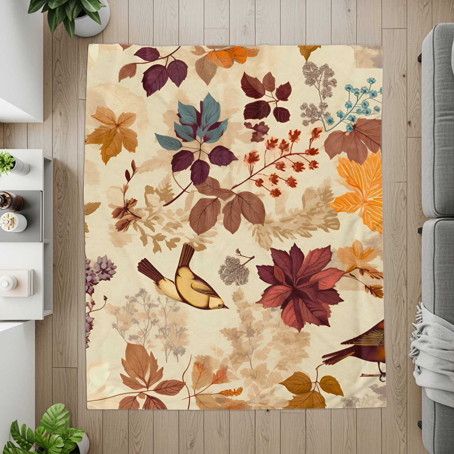 Vibrant Earthy Tones Leaves and Birds illustration