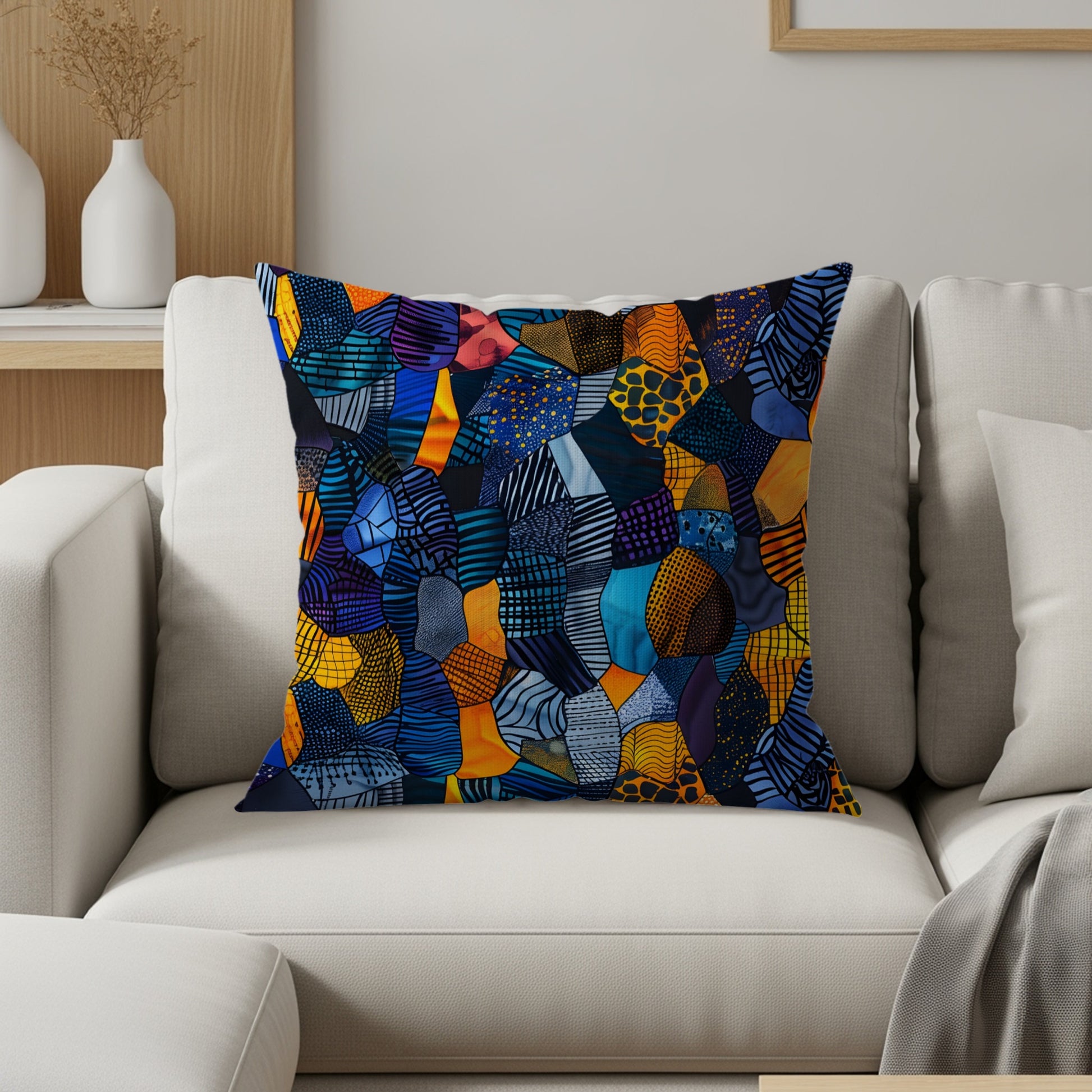 Throw pillow with a colorful, abstract patchwork design in blues, yellows, and oranges.
