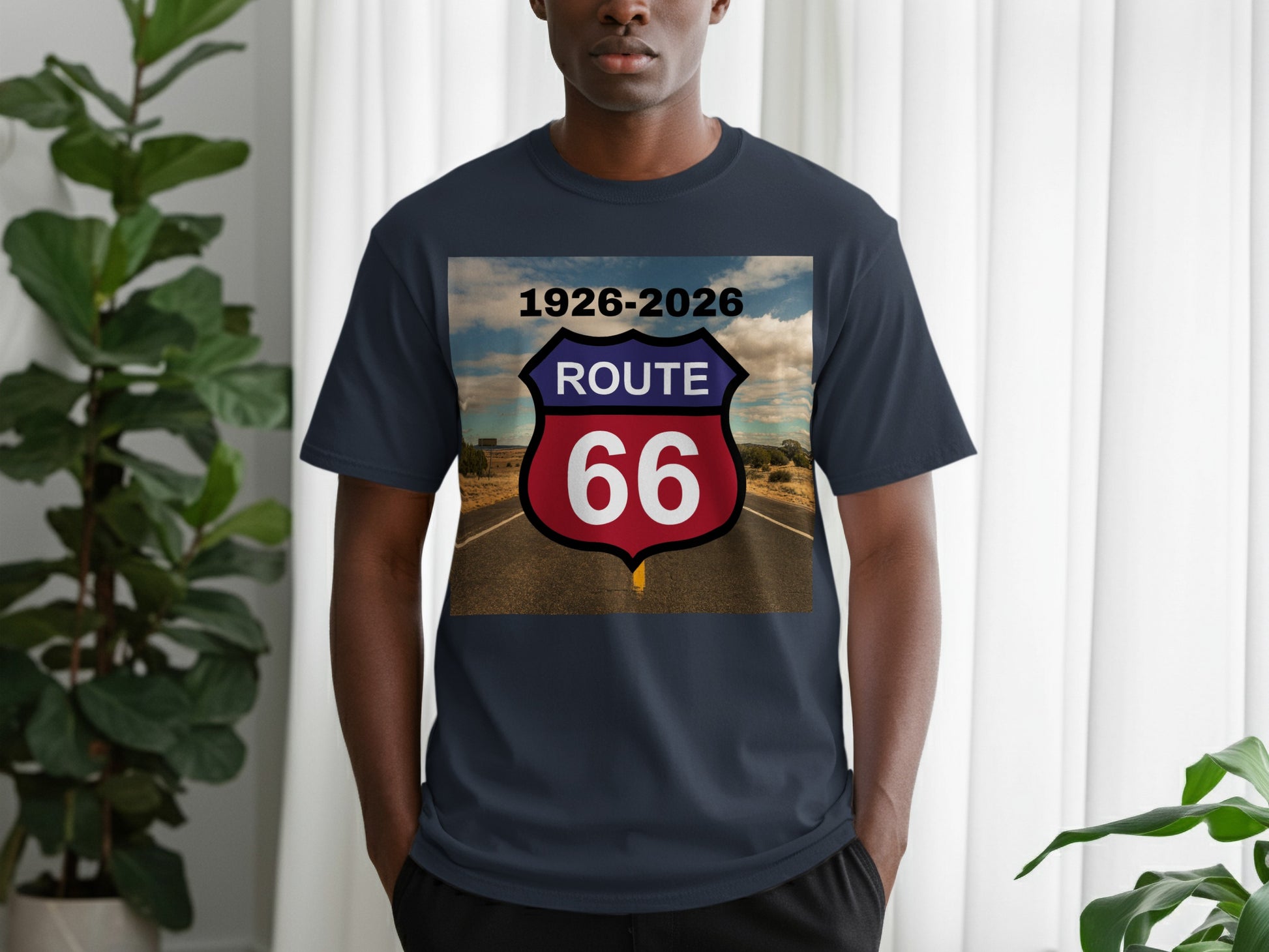 Navy t-shirt featuring Route 66 logo and dates 1926-2026.