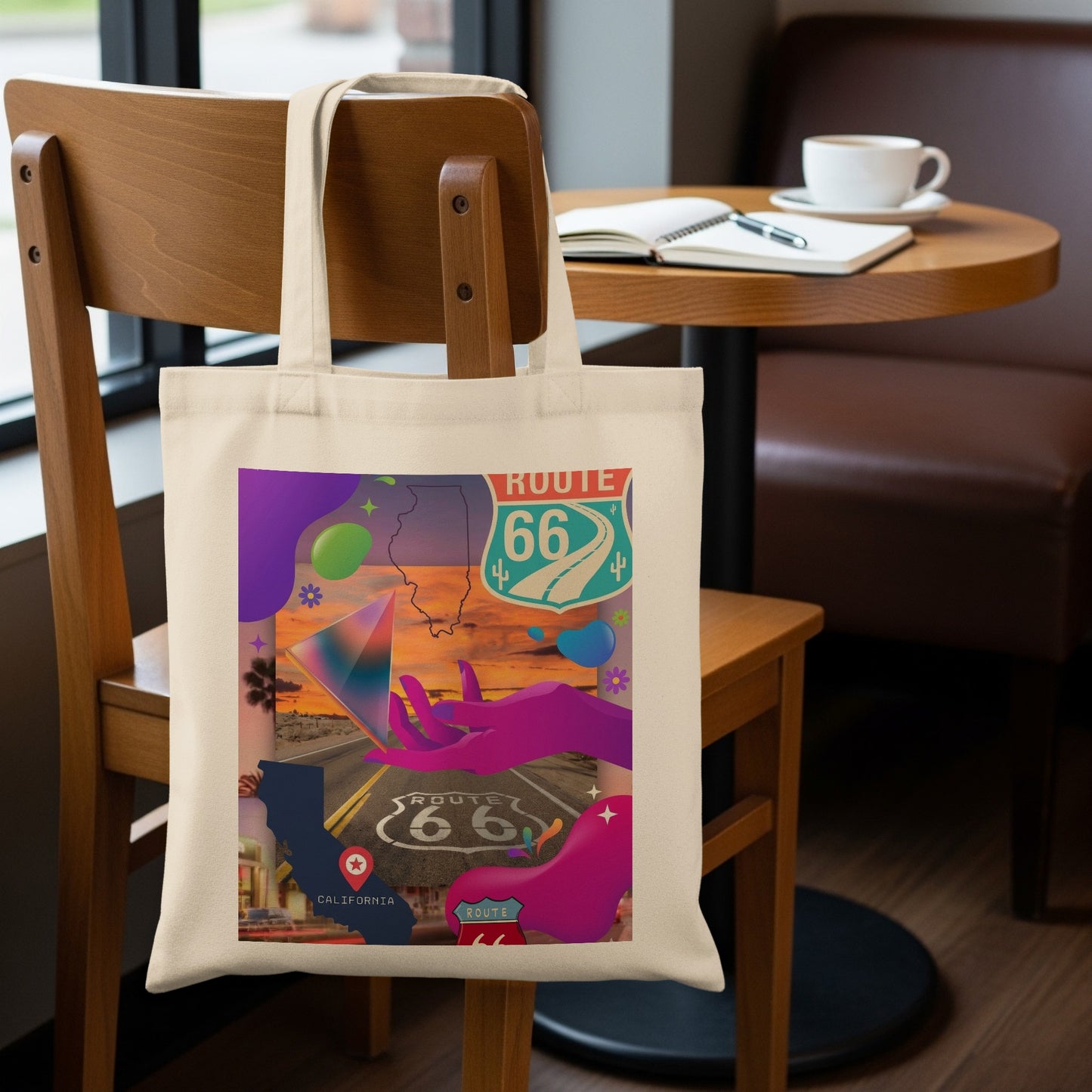 Tote bag with Route 66 and California graphic, hands, and abstract shapes.