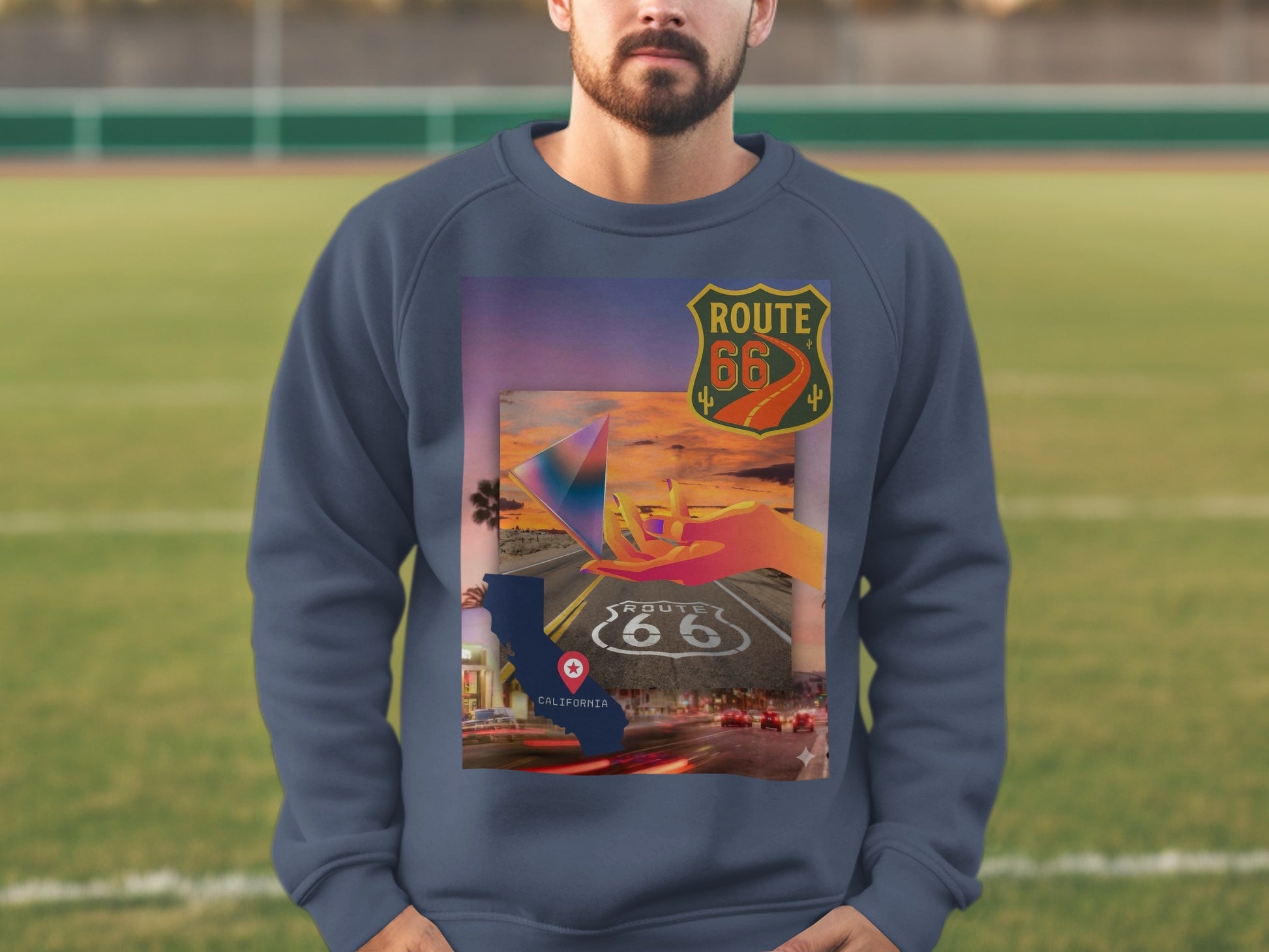 Navy sweatshirt featuring Route 66 graphic with California and desert sunset imagery.