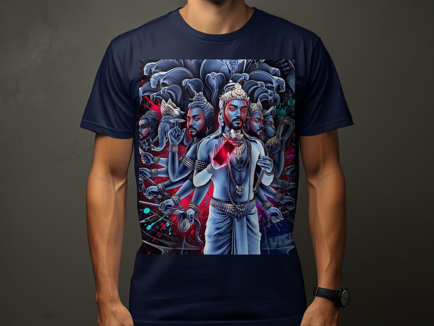 T-shirt featuring a multi-armed figure with red eyes and glowing chest.