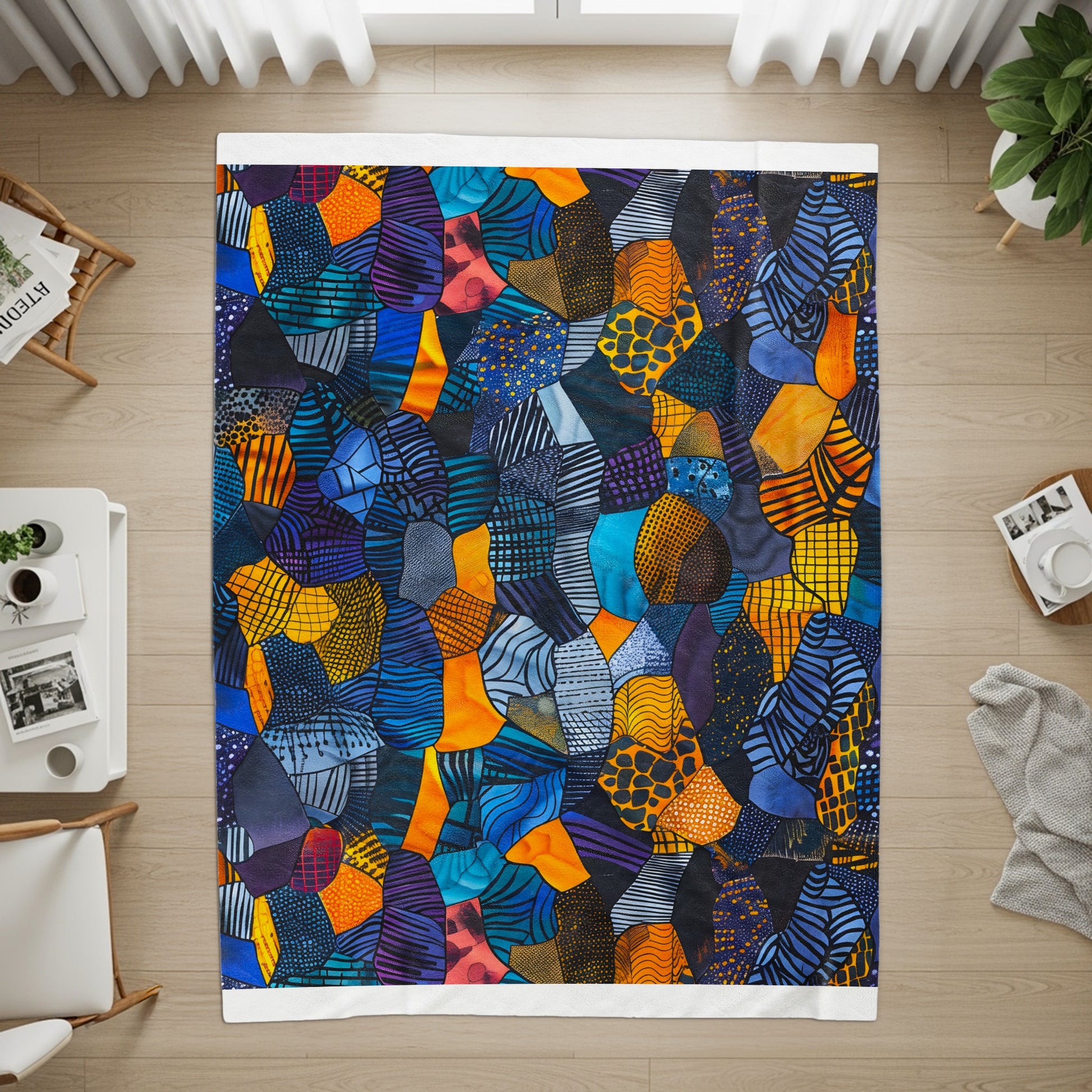 Abstract geometric collage with bold colors including blue, orange, yellow, and purple.