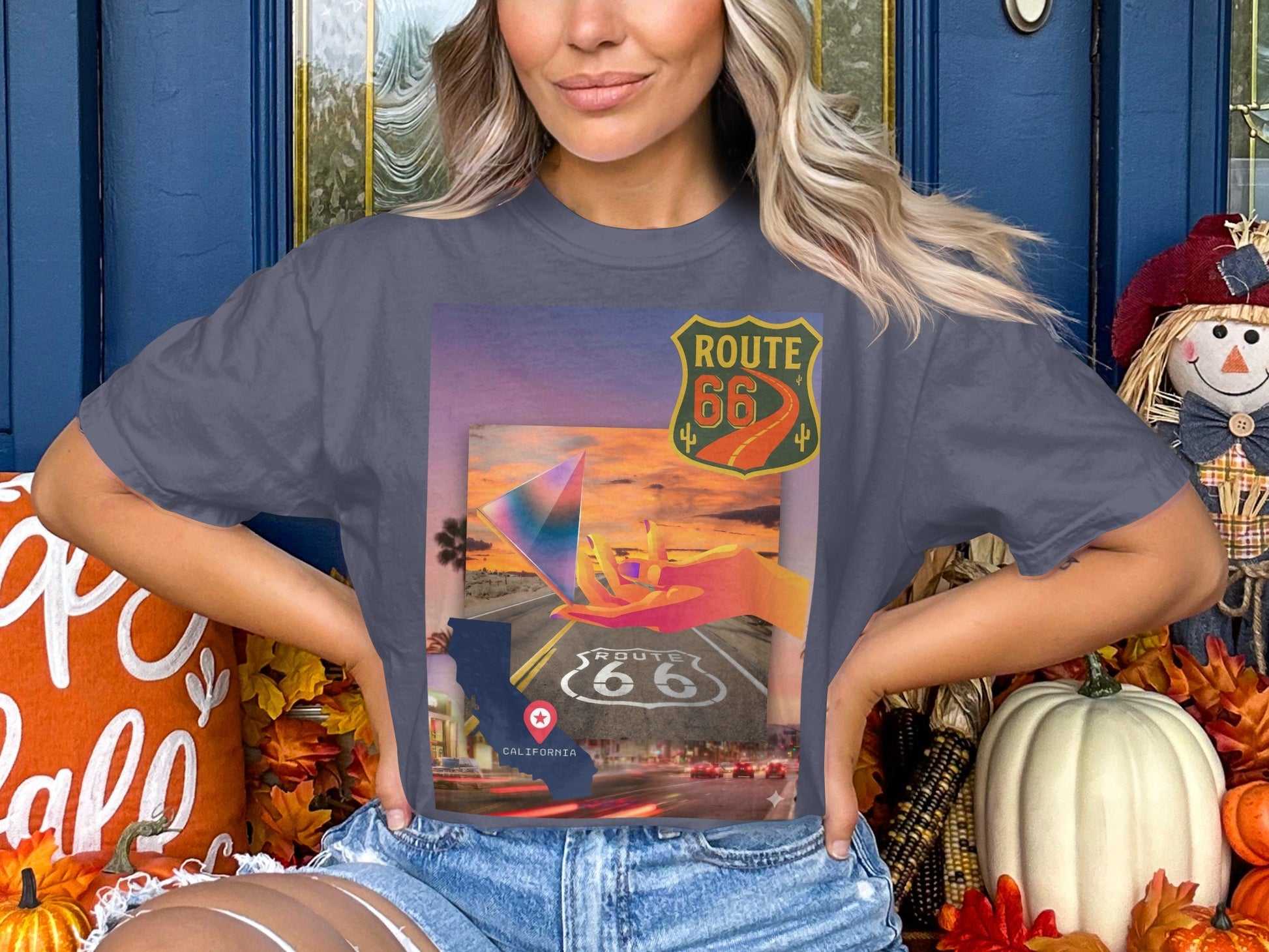 T-shirt graphic with Route 66 sign and California scenery.