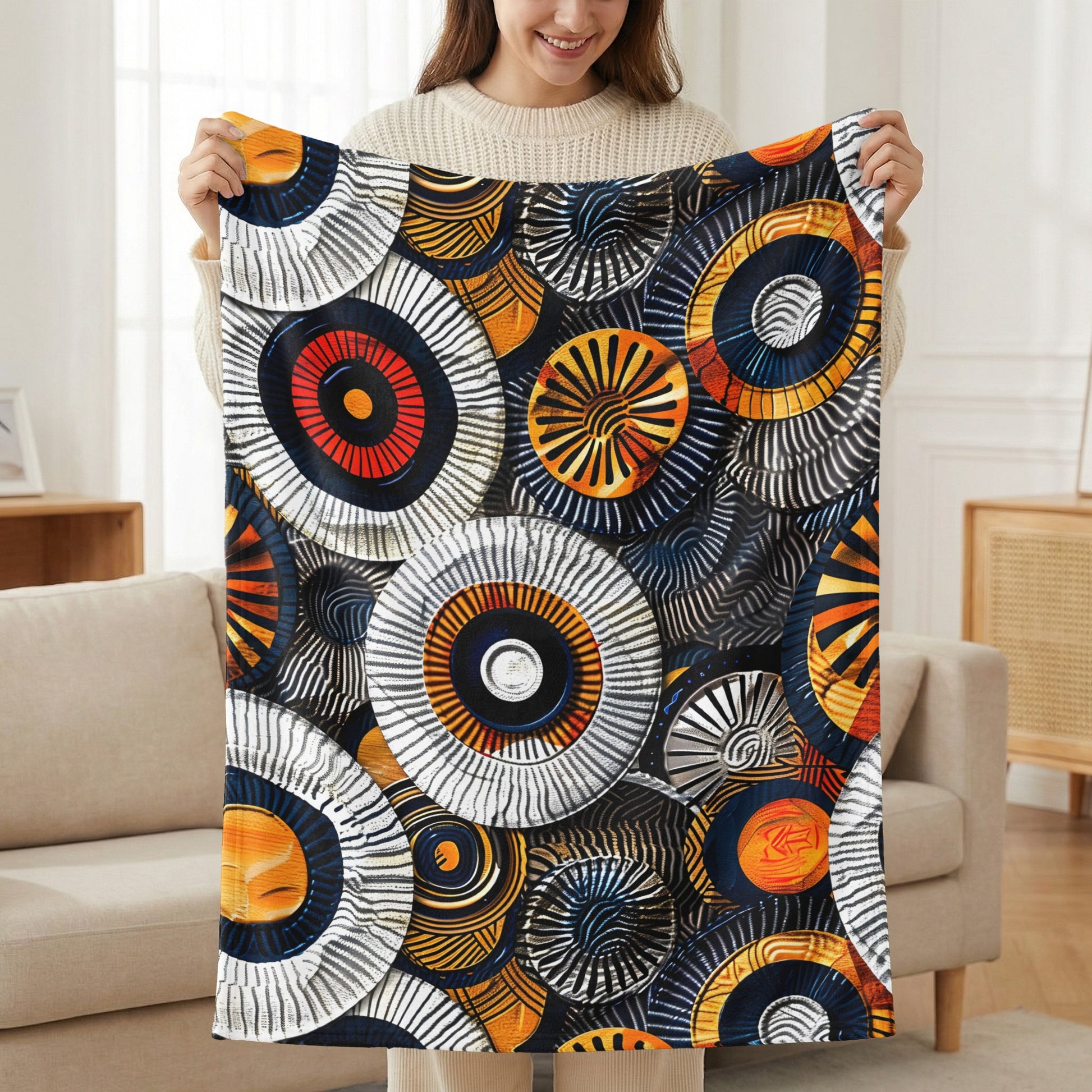 Abstract circular pattern featuring orange, blue, black, yellow, and white elements on a dark background.
