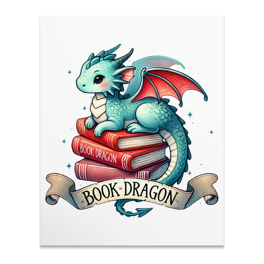 Cute Illustrated Blue Dragon on Books Art Print product