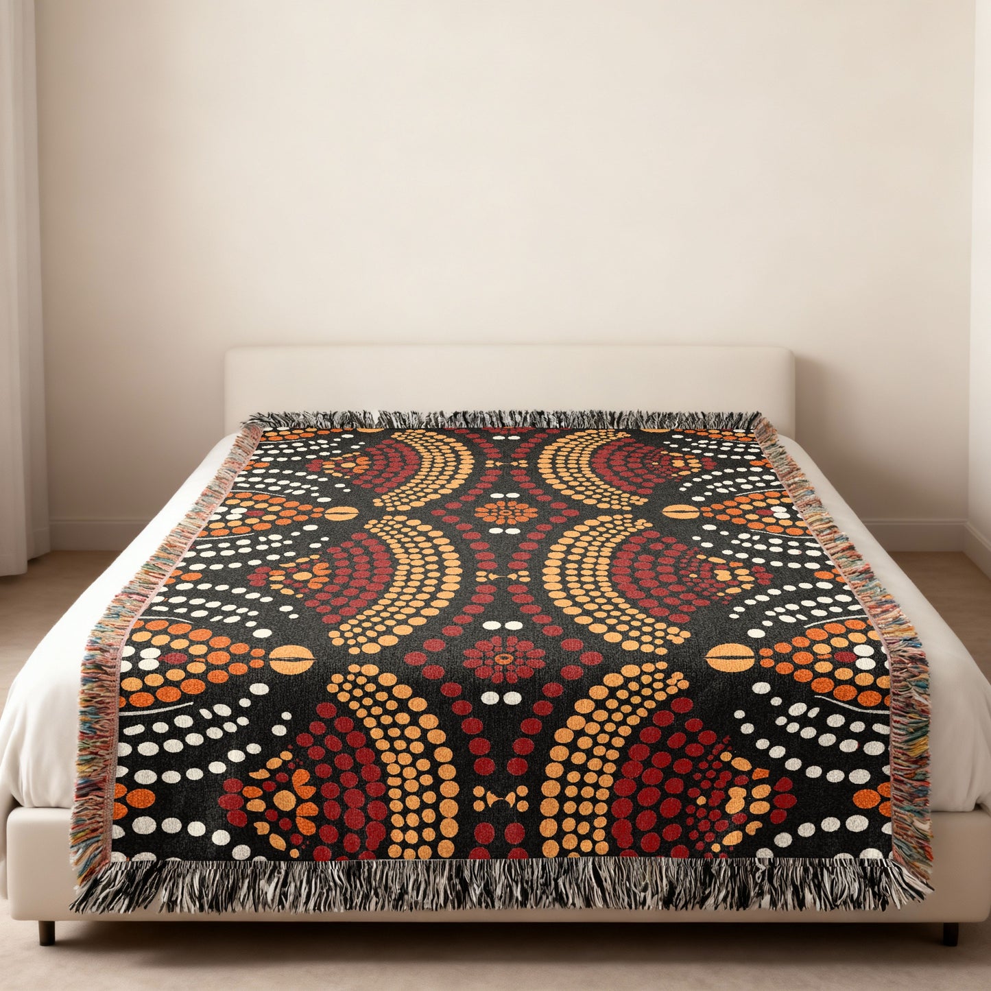 Woven blanket with black background and symmetrical red, orange, and white dot pattern.