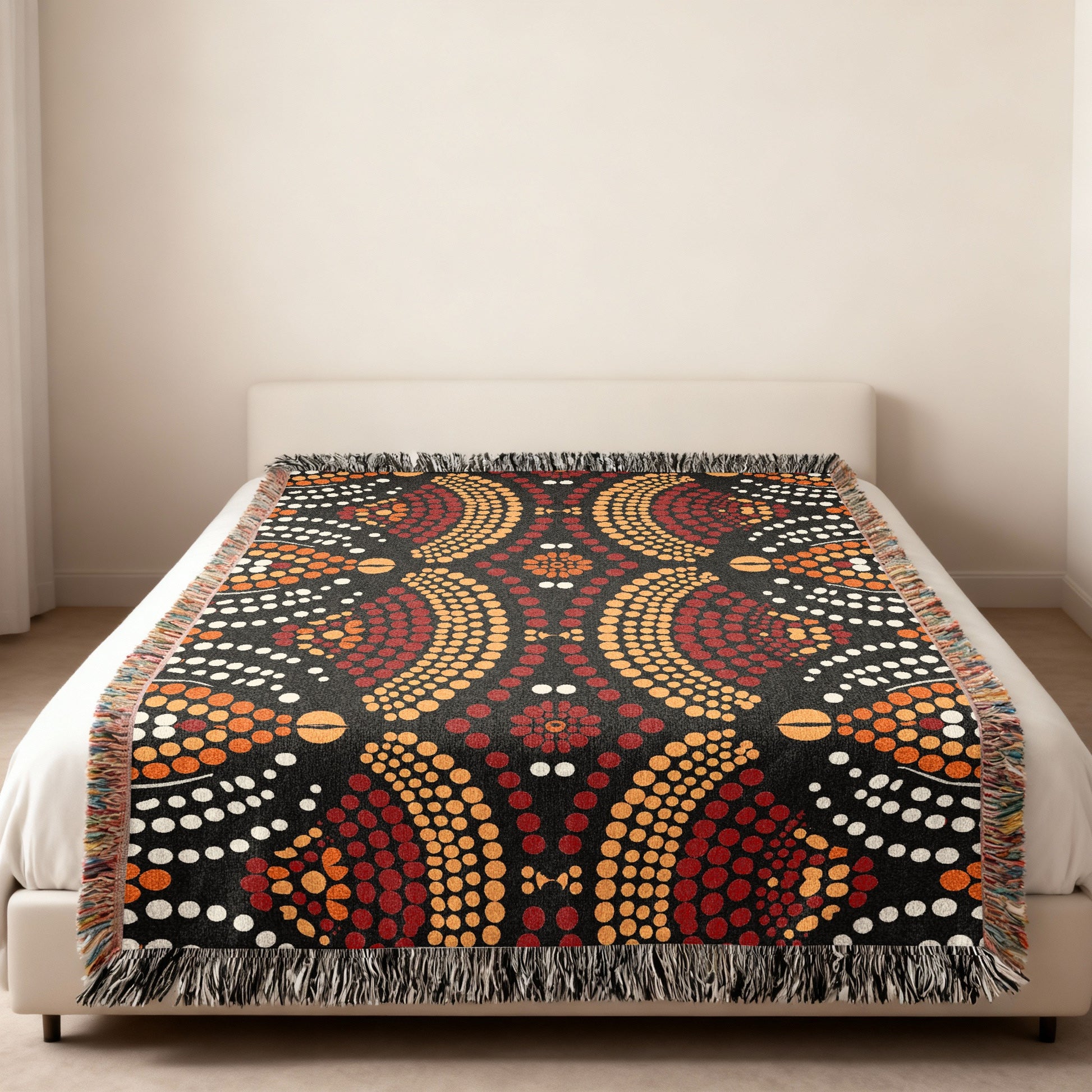 Woven blanket with black background and symmetrical red, orange, and white dot pattern.