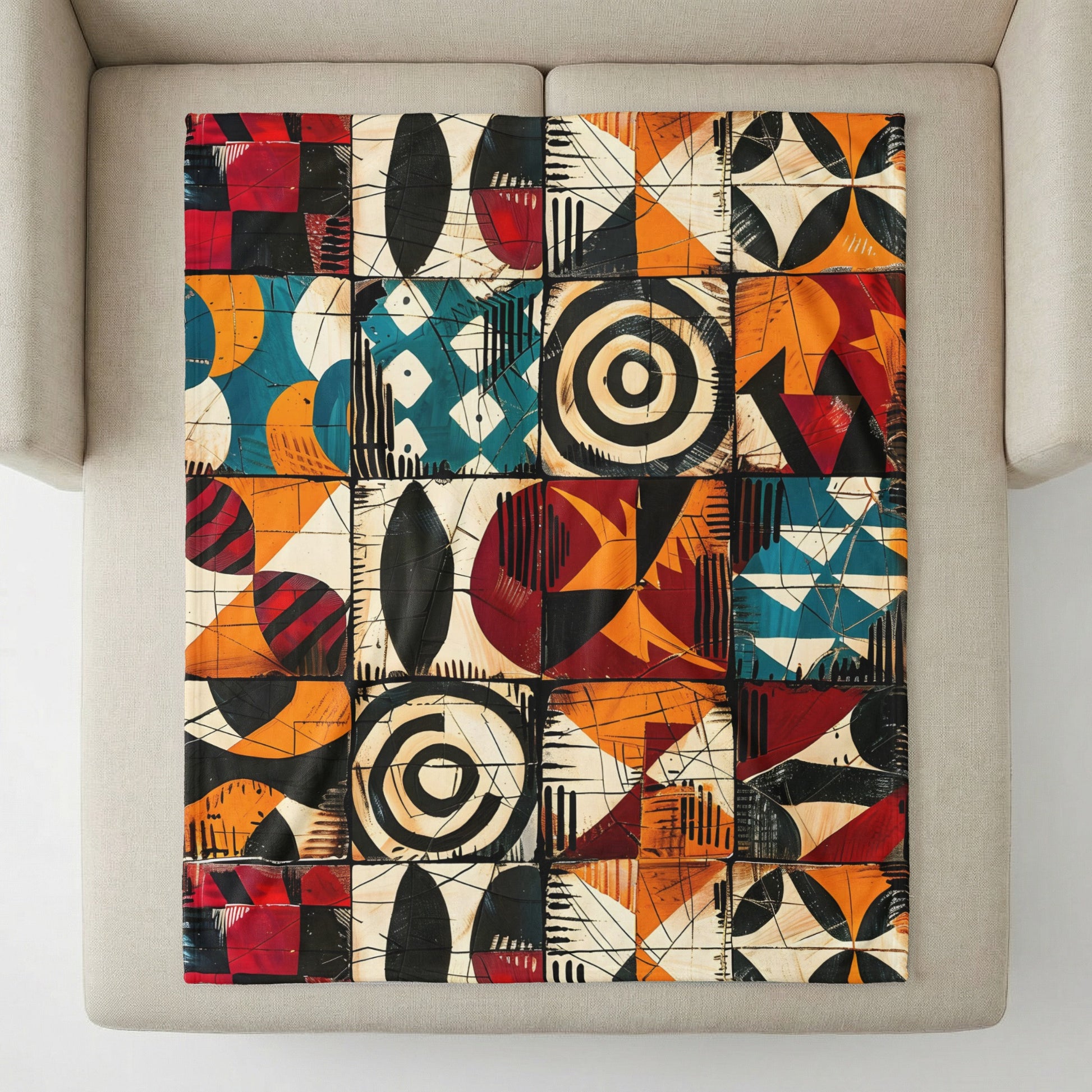 Colorful abstract patchwork blanket with geometric and organic shapes.