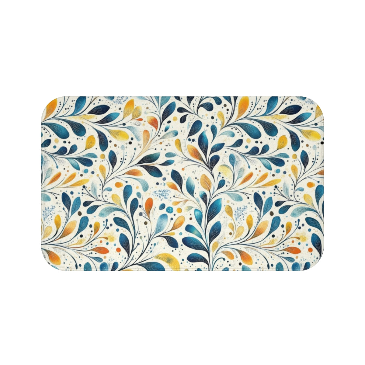 Artistic Blue and Yellow Floral Leaves Design Bath Mat