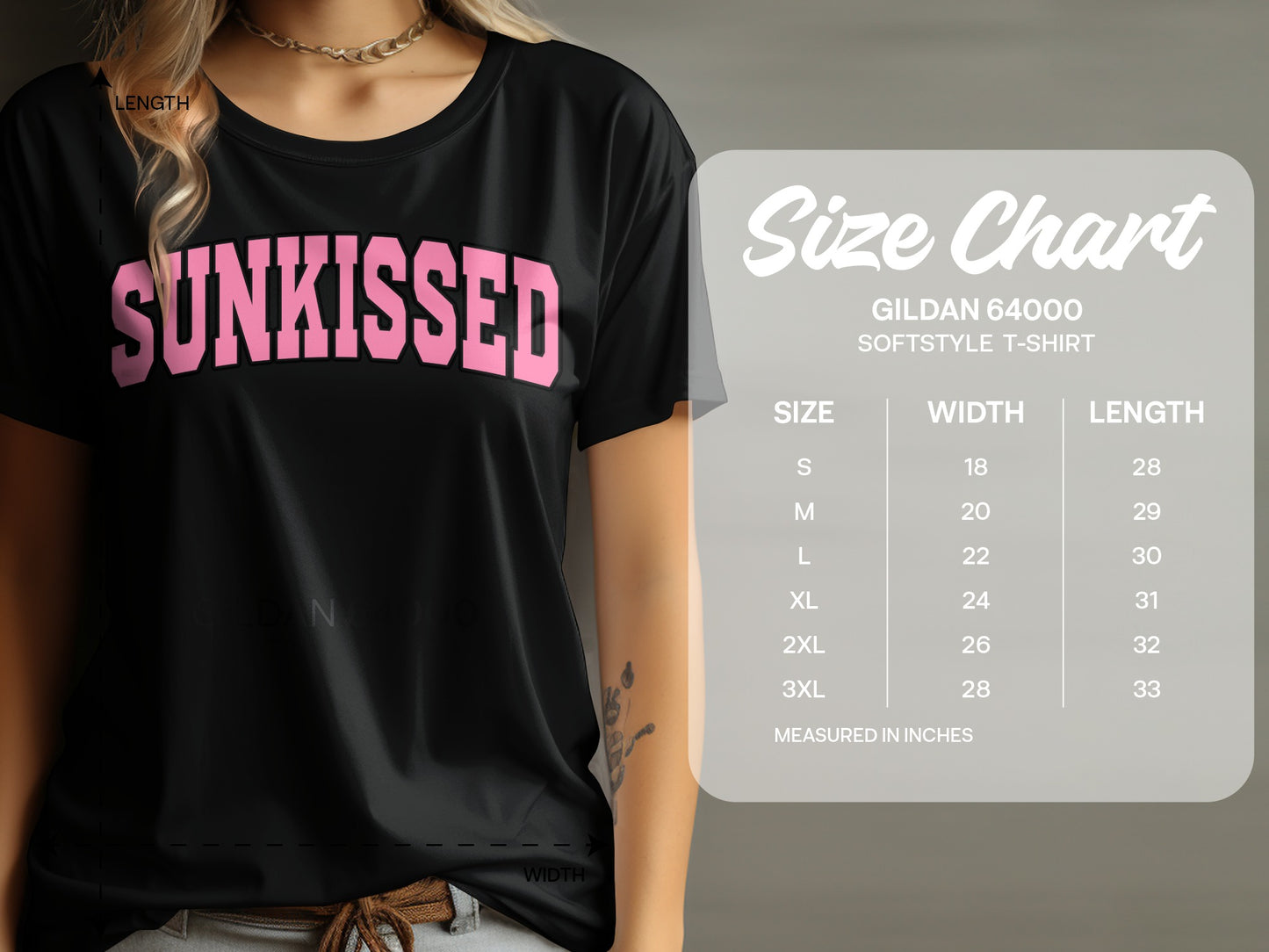 Black t-shirt with "SUNKISSED" graphic and size chart.