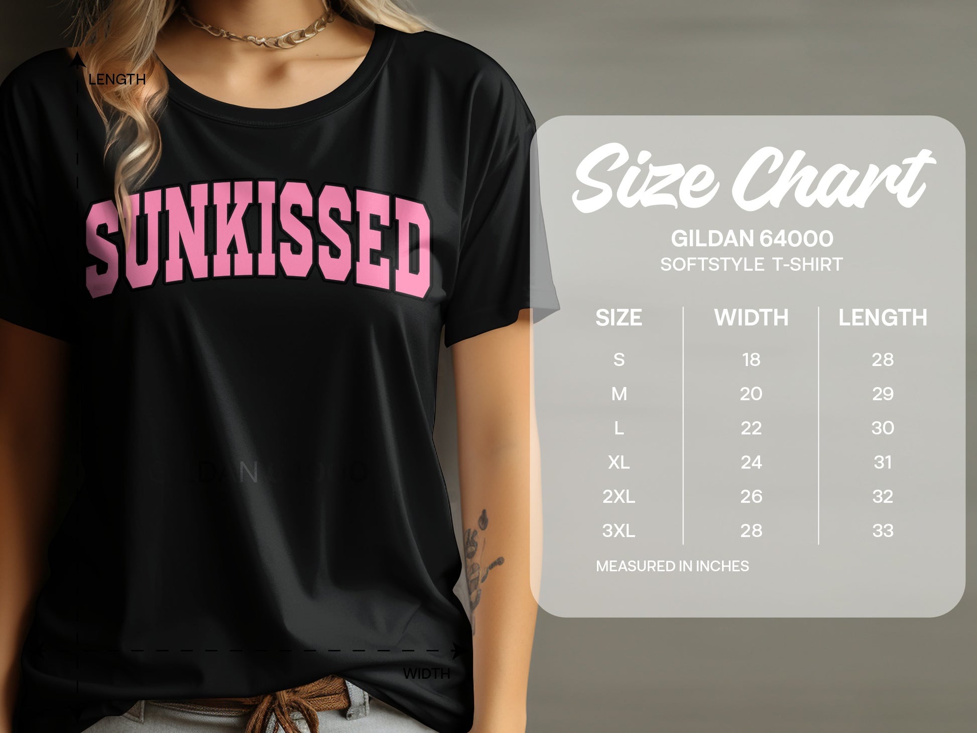 Black t-shirt with "SUNKISSED" graphic and size chart.