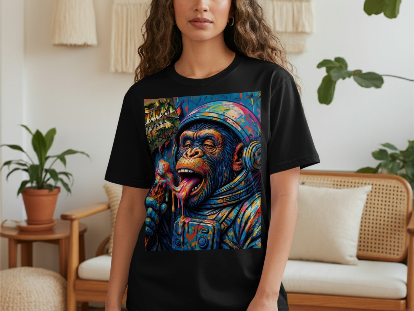 Black t-shirt with vibrant astronaut monkey eating ice cream graphic.