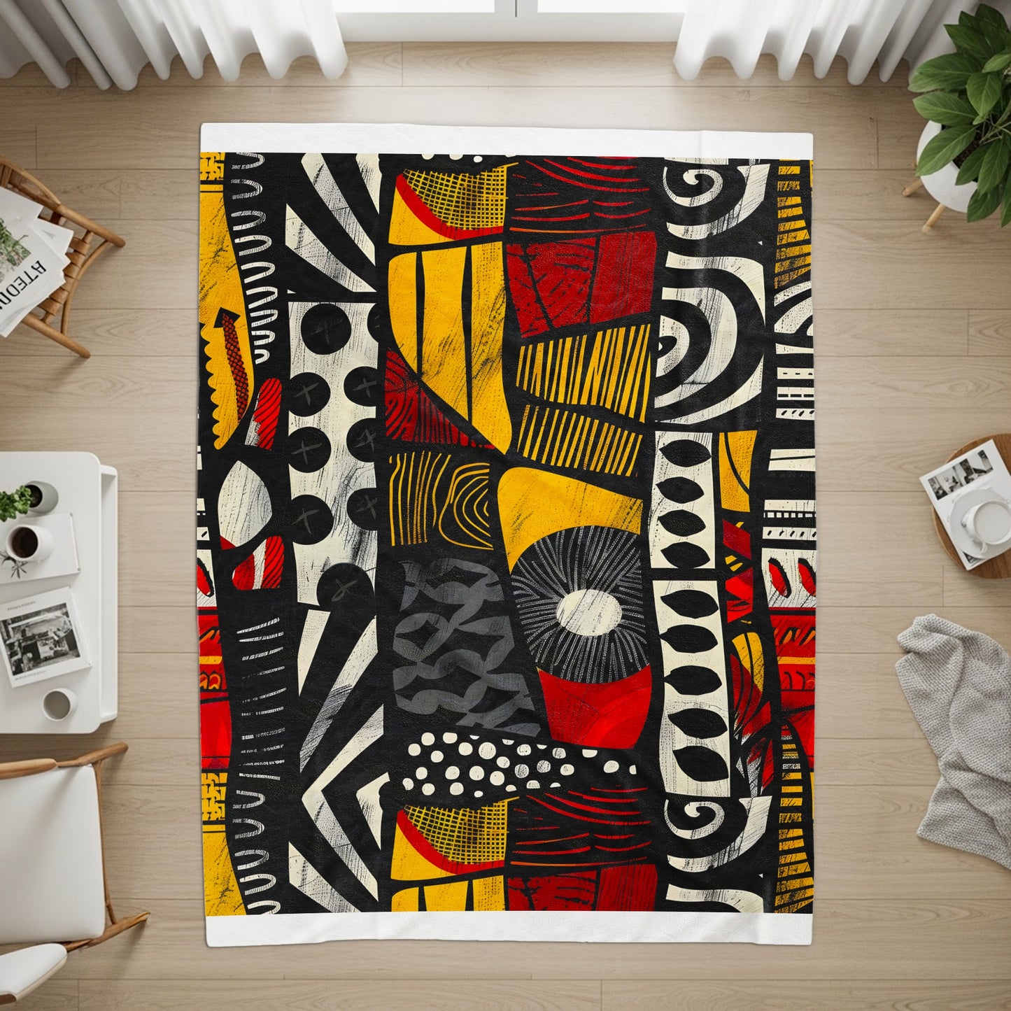 Abstract geometric rug with black, red, and yellow pattern.