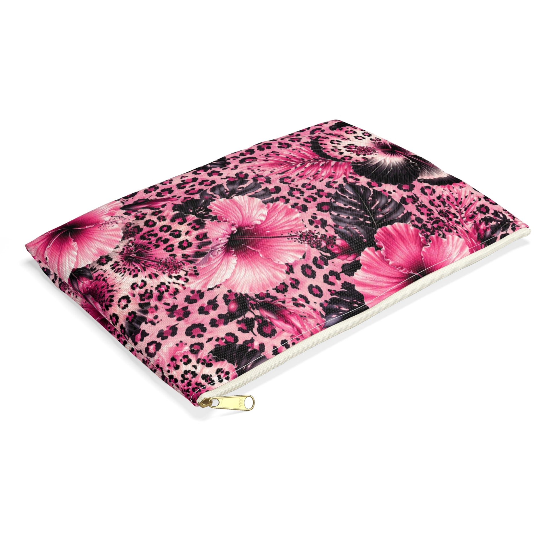Pink leopard print clutch with hibiscus flowers and a gold zipper.