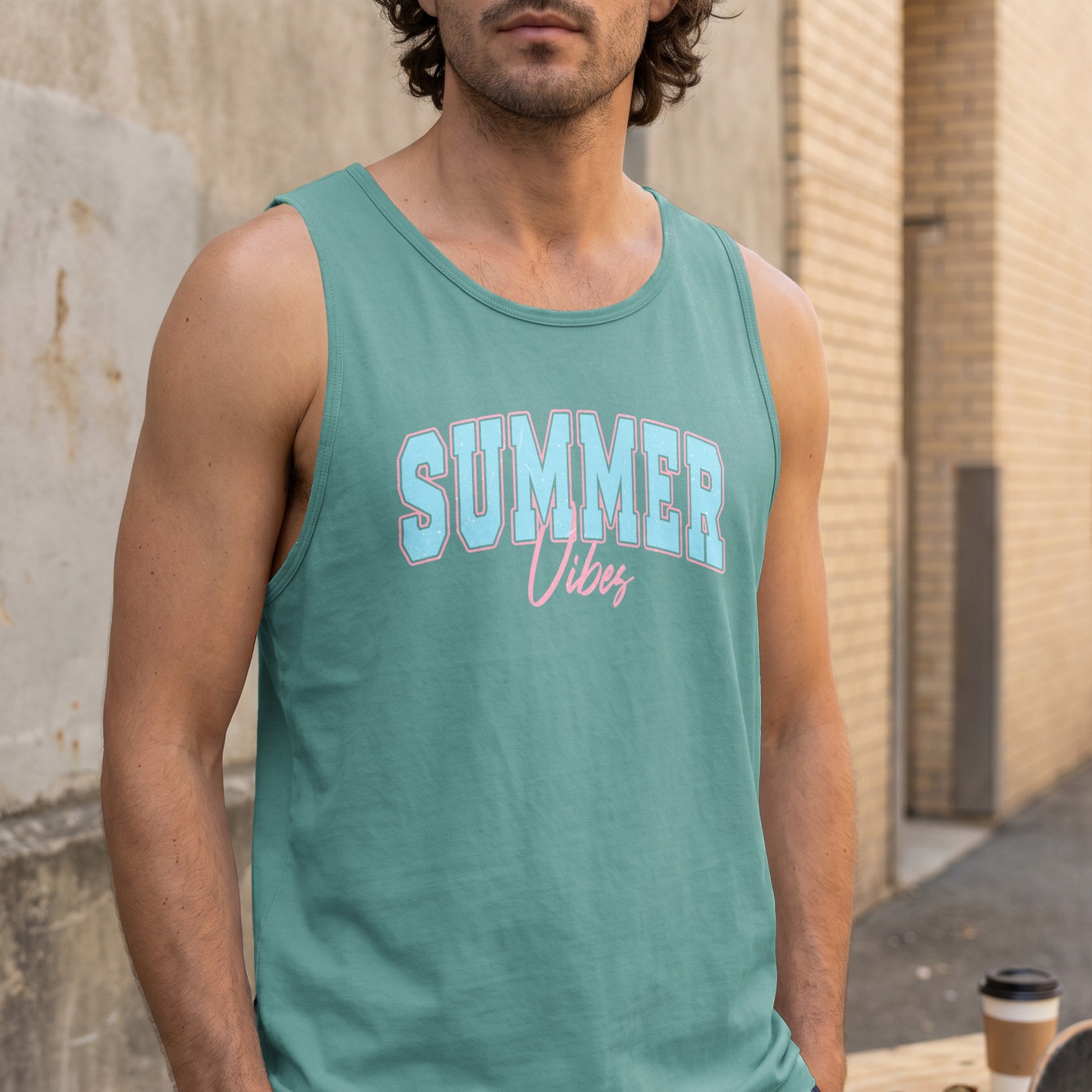 Teal tank top with "Summer Vibes" text in blue and pink.