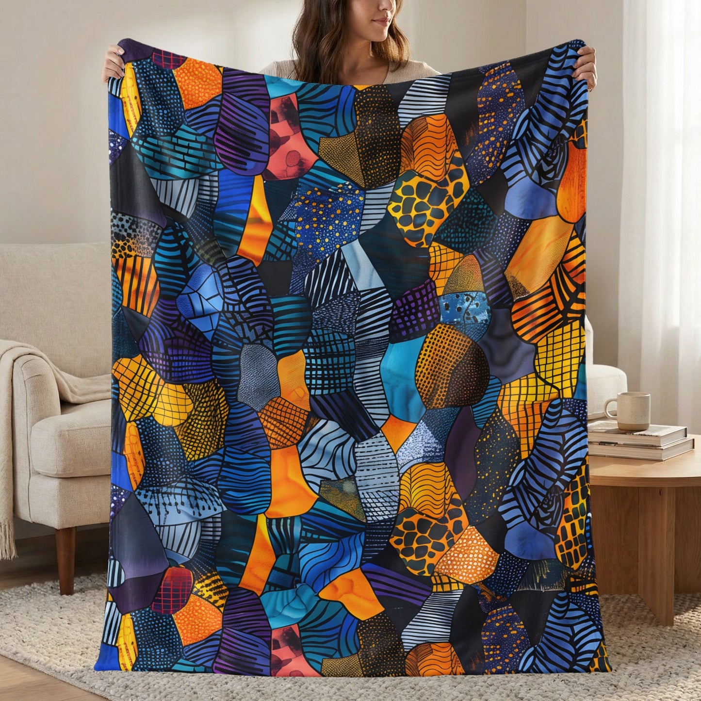 Fleece blanket with colorful abstract patchwork geometric patterns.
