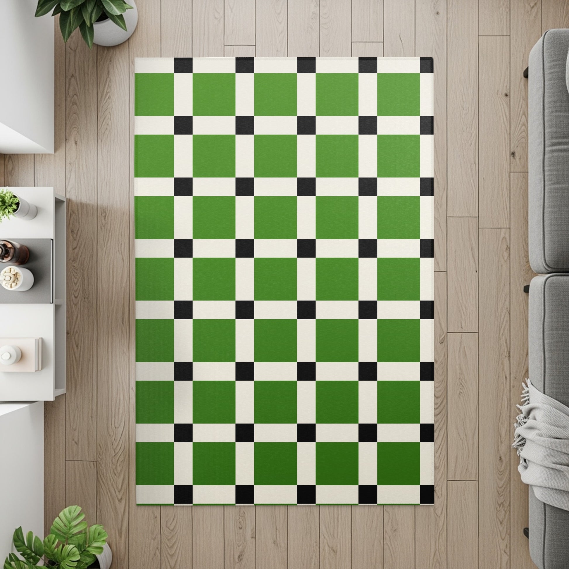 Green, white, and black checkered rug with a criss-cross pattern