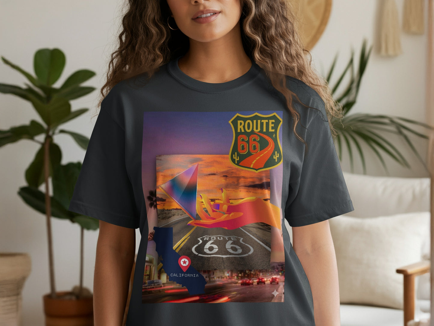Dark t-shirt with Route 66 California graphic and sunset road scene.