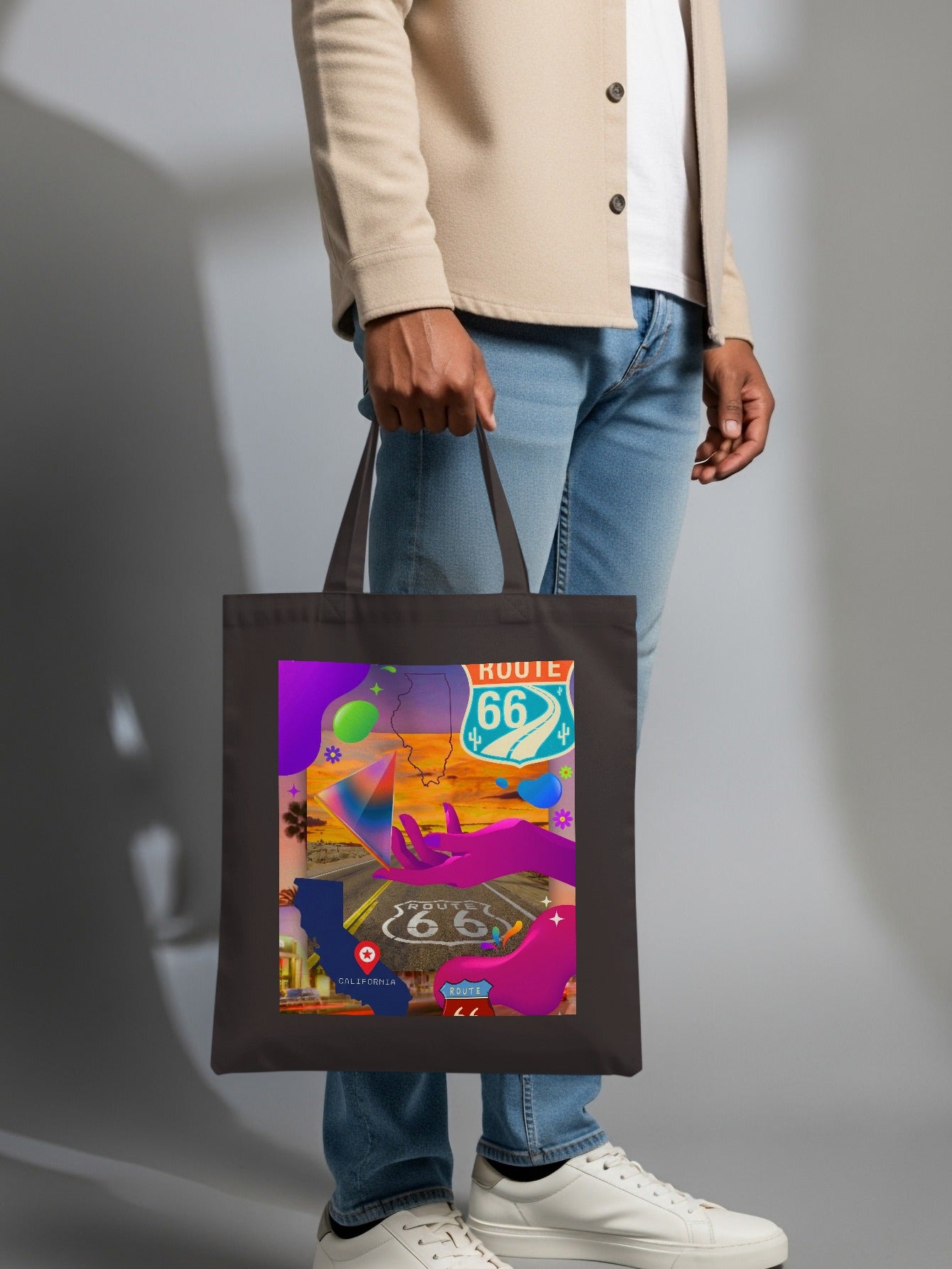 Tote bag featuring a Route 66 collage with California and neon hand motifs.