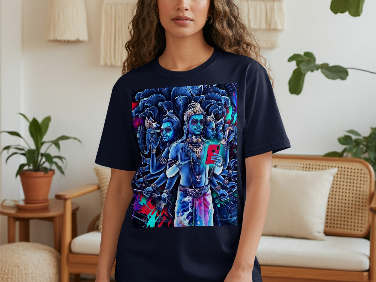Dark blue t-shirt on a model with a vibrant graphic of a multi-armed deity.