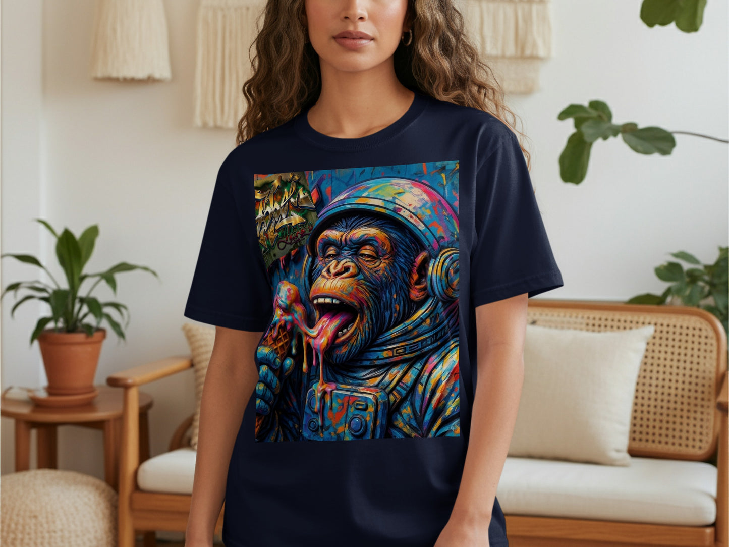 Dark blue t-shirt with a vibrant, colorful illustration of a chimpanzee in a helmet eating ice cream.