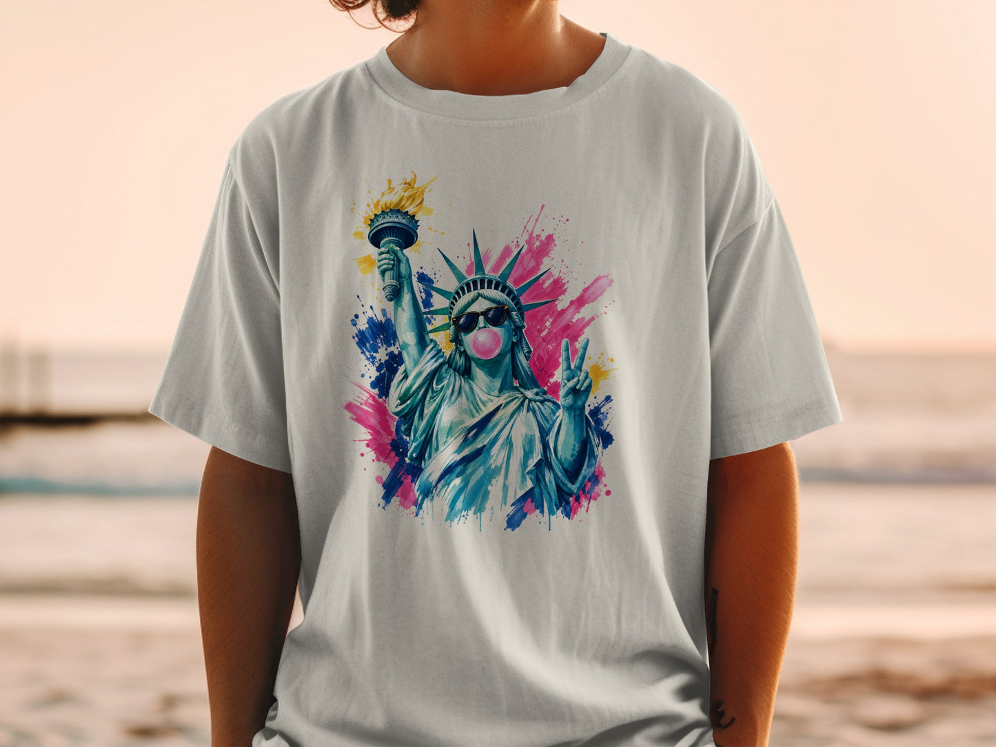 Statue of Liberty graphic with colorful paint splatters, blowing bubble gum.