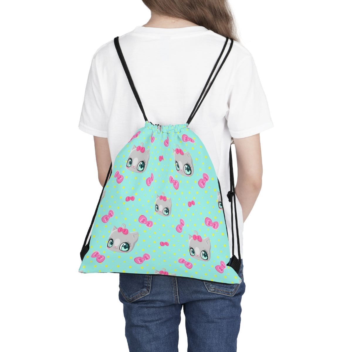 Kawaii Cat Drawstring Bag Backpack, School Mini Canvas Overnight Weekend Bag
