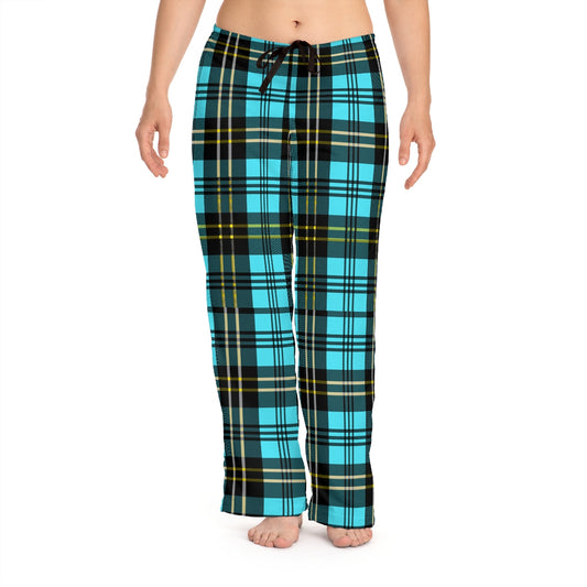 Women's Blue Check Pajama Pants Loungewear, Cute Lounge Pants Holiday