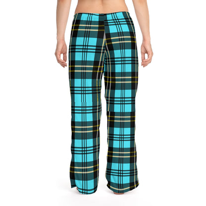 Women's Blue Check Pajama Pants Loungewear, Cute Lounge Pants Holiday