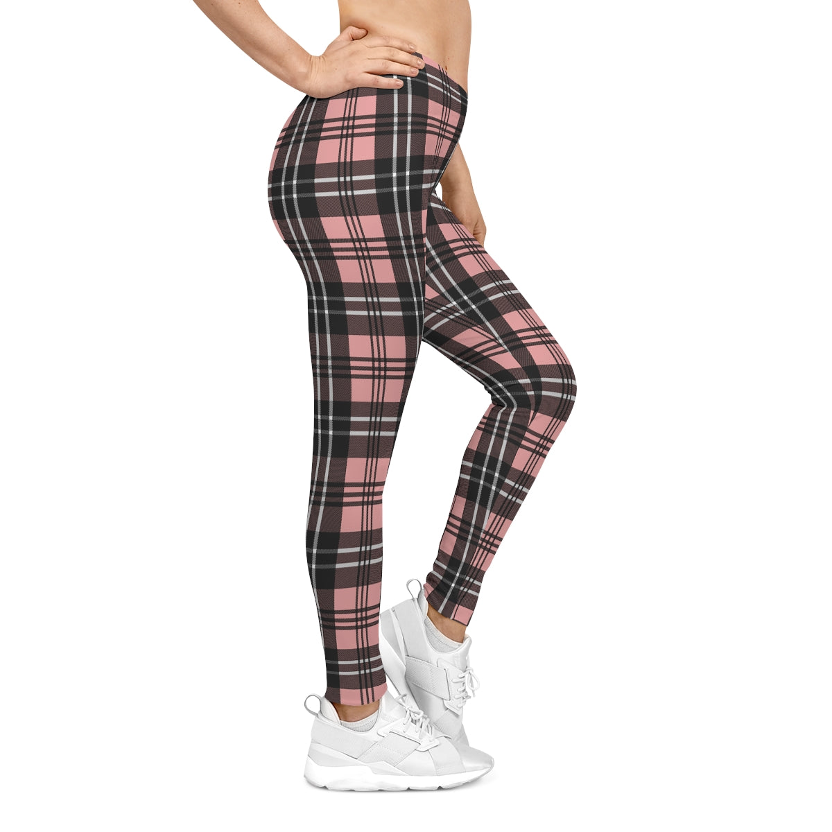 Pink Plaid Leggings, Women's All Over Print Cute Trendy Workout Yoga Pants,