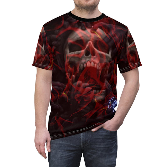 Skeleton Skull Shirt, Goth Clothing Streetwear, Plus Size T-Shirt, Unisex AOP Short Sleeve Tee
