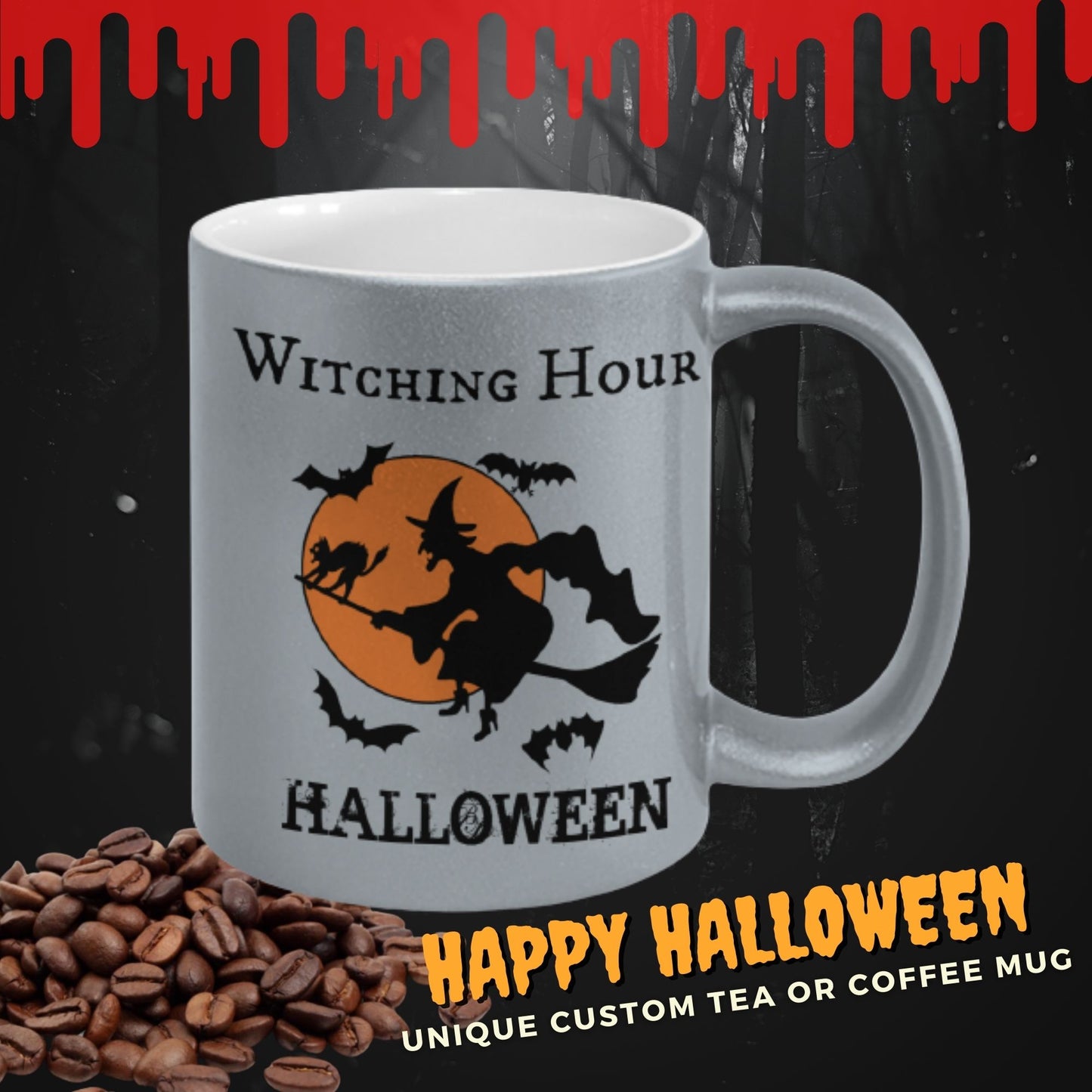 Halloween Mug/Witching Hour Silver Metallic Halloween Novelty Coffee Mug Gift