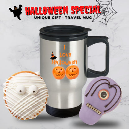I Love Halloween-Travel Coffee Mug-Stainless Steel-Halloween Home Decor-Pumpkin-Fall decor-Funny