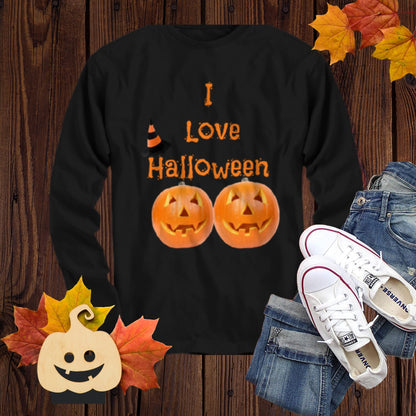 I Love Halloween Long Sleeve black t-shirt gifts for friends funny shirt with sayings and pumpkins
